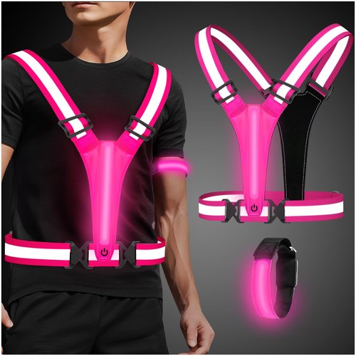 Uwqaqx LED Reflective Running Vest with Wristband, Tpye-C Rechargeable Light Up Running Vest for Women Men, Running Lights for Runner, Safety Gear for Walking, Running, Cycling (Pink+1 Armband)