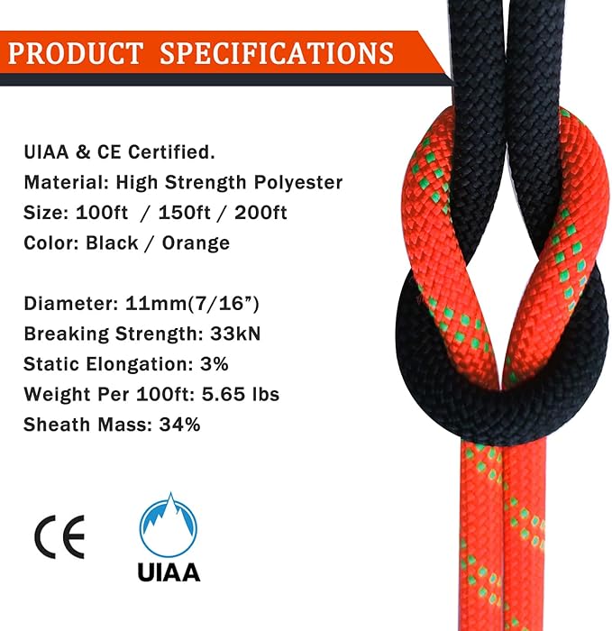 Generic Ritafc Static Rope UIAA Climbing Rope 11mm 100FT Rappelling Rope Orange for Mountain Tree Climbing, Rock Climbing,Hauling, Rescue, Climbing Equipment