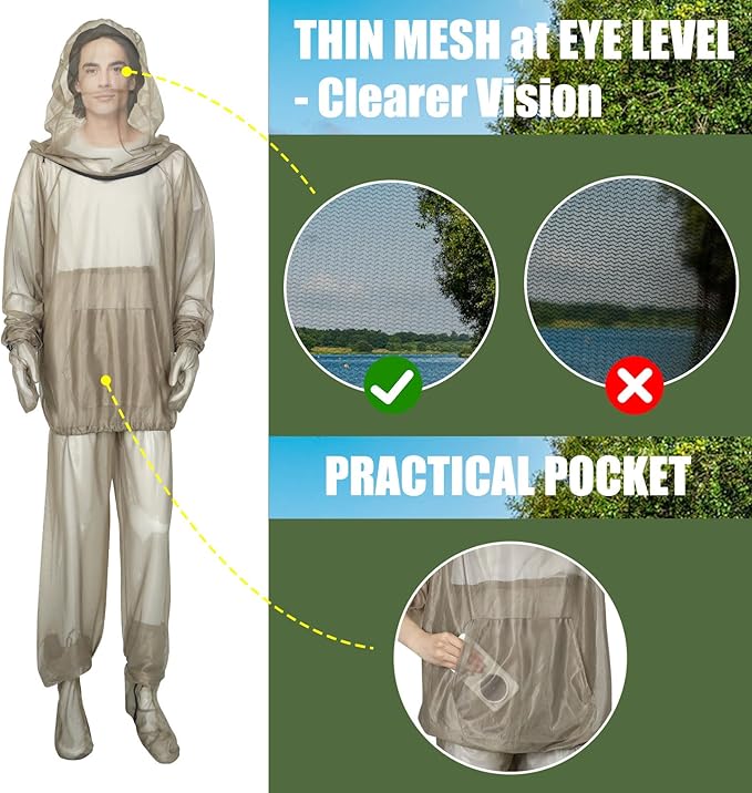 4-Piece Net Suit L/XL, Full Body Jacket with Zippered Hood, Pants, Gloves & Foot Covers, Thickened Breathable Mesh, Adjustable Fit for Men & Women, Lightweight for Outdoor, Camping, Fishing &Gardening