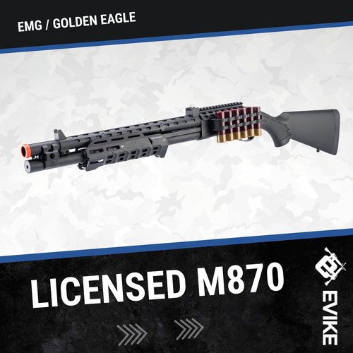 Evike Airsoft - EMG Strike Industries Licensed M870 Gas Powered Pump Action Airsoft Shotgun w/MLOK H-Guard by Golden Eagle (Color: Black)