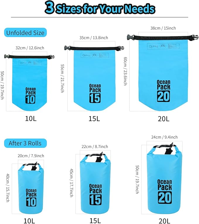 Dry Bag Waterproof for Women Men,10L Rolled Lightweight Dry Storage Bag Backpack with Phone Case for Travel,Swimming,Boating, Kayaking,Camping & Beach,Lake Blue