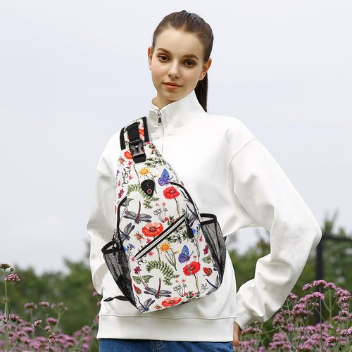 MOSISO Crossbody Sling Backpack, Portable Travel Hiking Daypack Chest Sling Bag Casual Daypack One Strap Chest Backpack for Women Men Outdoor Hiking Travel, Insects & Flowers