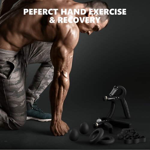Hand Grip Strengthener Workout Kit Kit (8-Piece), 2 Adjustable Resistance Forearm Grippers, 2 Finger Stretchers, 2 Grip Rings and 2 Stress Relief Grip Balls for Muscle Building and Injury Recovery