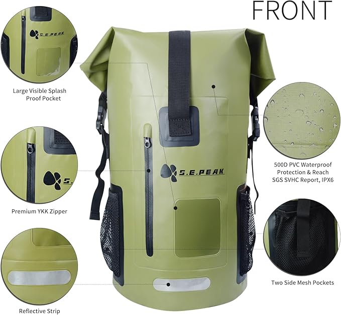 SEPEAK Waterproof Dry Bag Backpack IPX6, Roll-Top Closure Bag 55L Boating & Kayak Accessories - Essentials for Camping Swimming Beach Fishing Rafting Travel,Green