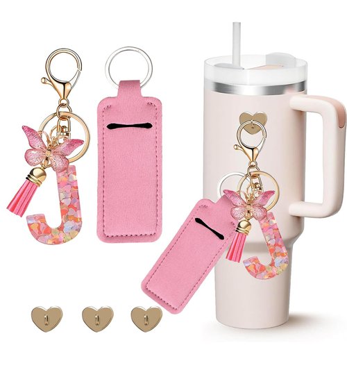 PAZLOG Letter Charm Accessories for Stanley Cup with Mini Hooks & Lipstick Chapstick Holder & Tassel Butterfly Cute Initial Name Id Keychain Compatible with Stanley Tumbler 40oz for Women Girls, J…