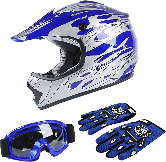 TCT-MOTORPARTS DOT Youth Kids Motocross ATV Four Wheeler Riding Racing Helmets Offroad Street Dirt Bike Go-Kart BMX MX Full Face Helmet Blue Flame Medium Size