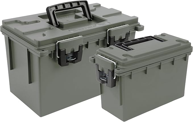 Sheffield 12713 2-Pack Combo Ammo Storage Boxes, .30 Cal and .50 Cal Field Boxes, Water and Dust Resistant, Lockable Storage Box with Handle for Hunting Gear and Bullets, Made in the USA, Green