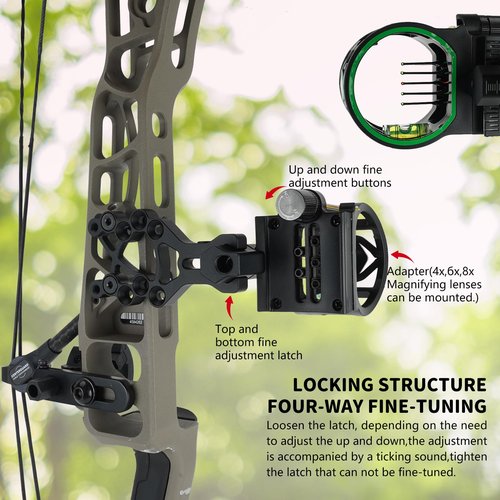 Archery 5-Pin Bow Sight - 0.019" Fiber, Brass Pin, Aluminum Machined - Right and Left Handed, with Hi-Vis Level for Archery, Hunting, Shooting (5 Pin Sight-M1)