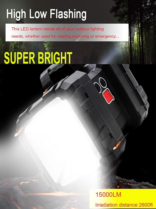 Rechargeable LED Searchlight Flashlight, LED Spotlight Big Power Capacity 15000LM 20h Ultra-Long Standby 7 Lights Modes Camping Work Light, Waterproof, Power Bank, for Home, Outdoor (55 LEDs)