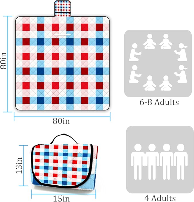 Portable Waterproof Picnic Blanket,Picnic Blankets Extra Large Outdoor 80"x80", Machine Washable, Extra Large Picnic Mat for Grass Concert, Park, Lawn,Travel,Light Blue Pink Gingham