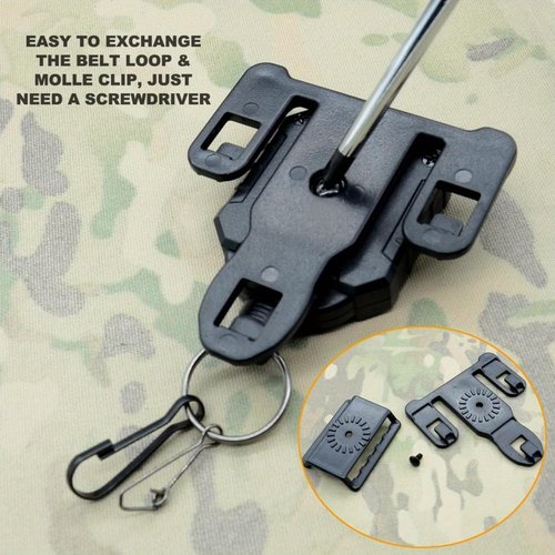 Military Tactical Gear Retractor, Molle Tactical Gear Tether, and a Retractable Key/Multi-Tools Holder (Black)