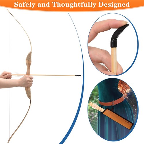 Youth Archery Bow and Arrow Set for Kids, 40" Handmade Wooden Bow and Arrow Prop Costume Cosplay Games Toys, Archery Set with 1 Bows 1 Quivers 5 Feather Arrows, Gifts for Kids Youth Adult Boys Girls