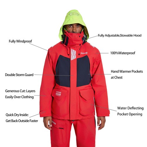 NAVIS MARINE Men's Ocean PRO Sailing Suit-Premium 3-Layer Jacket&Bib Waterproof Breathable for Foul Weather (Red,X-Large)