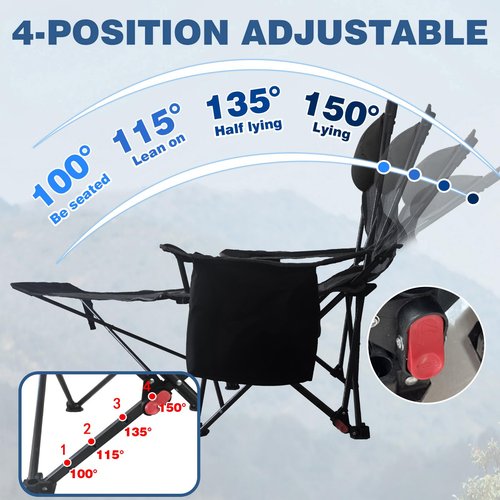 POEPORE Reclining Camping Chair 4 Position with Foot Rest Comfortable for Adults 265Ibs Folding Lounger Mesh Beach Chair with Cooler Bag,Cotton Cushion and Cup Holder for Outdoor Patio