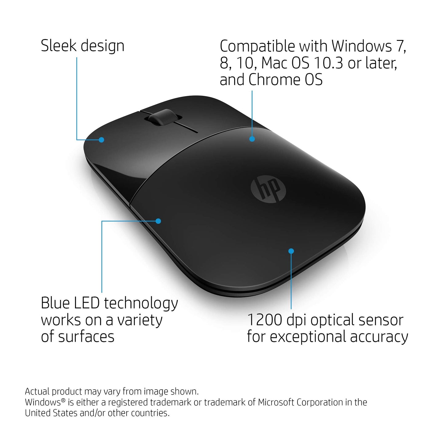 HP Wireless Mouse Z3700 (26V63AA#ABL, Black), Dimensions (mm) : 101 x 60 x 25.3