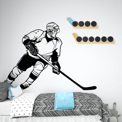 Westant Hockey Puck Display Case - 22.8" Wall Mount, Wooden Holder for 6 Pucks, Ideal Hockey Gift for Players and Fans, with Hockey Tape to Customize Your Name (6 Pucks)