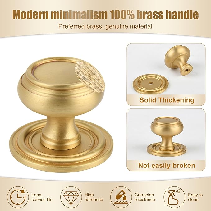 2 Pack Brushed Gold Solid Brass Kitchen Cabinet Knobs,Drawer Pulls, 1.18 Inch 30mm Diameter, Modern Furniture Handles for Cupboard Wardrobe(Antique)