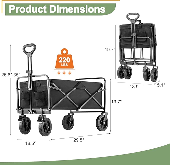 Collapsible Folding Wagon Cart with All-Terrain Wheels, Foldable Lightweight Utility Cart with Adjustable Handle, Portable Grocery Shopping Cart on Wheels for Beach, Garden, Camping, Sports, Black