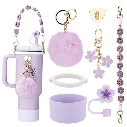 Rhewatin Accessories for Stanley Cup 40oz Tumbler, Including Strap, Silicone Cup Boot, Straw Cover, 2 Charms - Purple