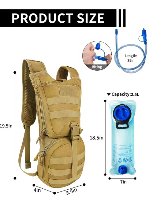 SMONT Tactical Hydration Pack Backpack Khaki - 2.5L Water Bladder Military Backpack with Molle Webbing for Gear Attachment Hands-Free Hydration for Hiking, Running, Climbing,Biking,Hunting