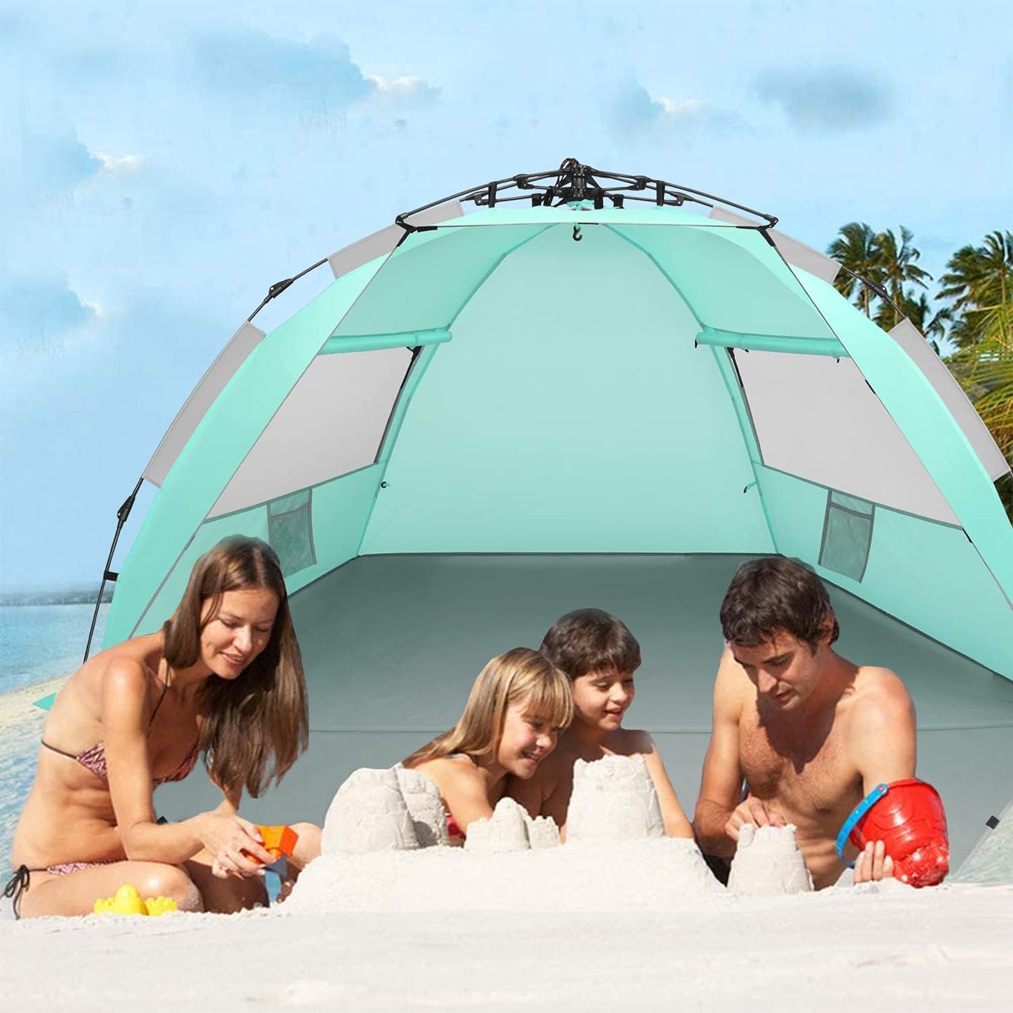 Oileus X-Large 4 Person Beach Tent Sun Shelter - Portable Sun Shade Instant Tent for Beach with Carrying Bag, Stakes, 6 Sand Pockets, Anti UV for Fishing Hiking Camping, Waterproof Windproof, Orange