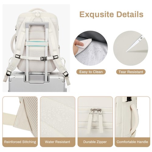 PIG PIG GIRL Travel Backpack for Men, 32L Expandable Carry On Flight Approved Backpack for Women 15.6inch Personal Item Travel Weekender Bag with Dry Wet Pocket, Beige