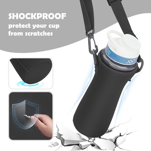 Taladad 22 oz Water Bottle Sleeve with 2Pcs Lids,Neoprene Insulated Water Bottle Case Cover Holder Carrier with Shoulder Strap for Cirkul Water Bottle (With shoulder straps, Black)