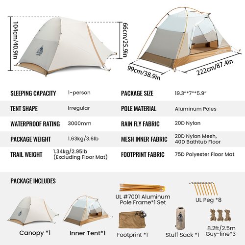 OneTigris Mona Ultralight 1 Person Tent, 3 Season Tent Waterproof for Camping Hiking Backpacking Trekking 3000mm Waterproof