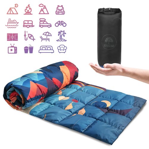 Olivialand Down Camping Blanket, Ultralight Compact Packable Throw with Snaps for Outdoor Indoor, Travel Stadium Concert Picnic Beach, Puffy 650 Fill Down Water-Resistant Quilt (Mountain Sunset)