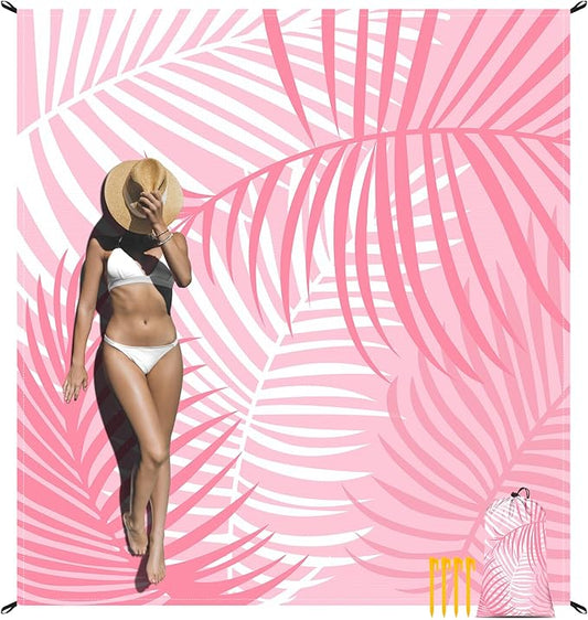 110''×118'' Pink Beach Blanket 2-8 Adults, Large Waterproof Sandproof Beach Mat w/ Stakes & Pockets, Polyester Compact Foldable Sand Free Camping Picnic Blanket for Outdoor, Grass, Park - Palm Leaves