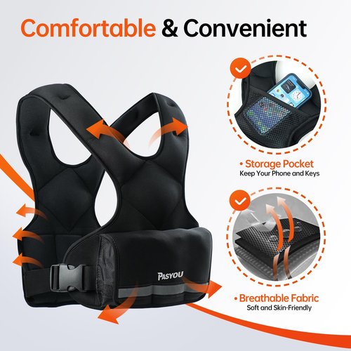 PASYOU Adjustable Weighted Vest 10LB-22LB with Reflective Strip Body Weight Vest with 6 Ironsand Weights 2 Ankle Weights for Men Women Running Weights Vest for Cardio Strength Training Walking Black