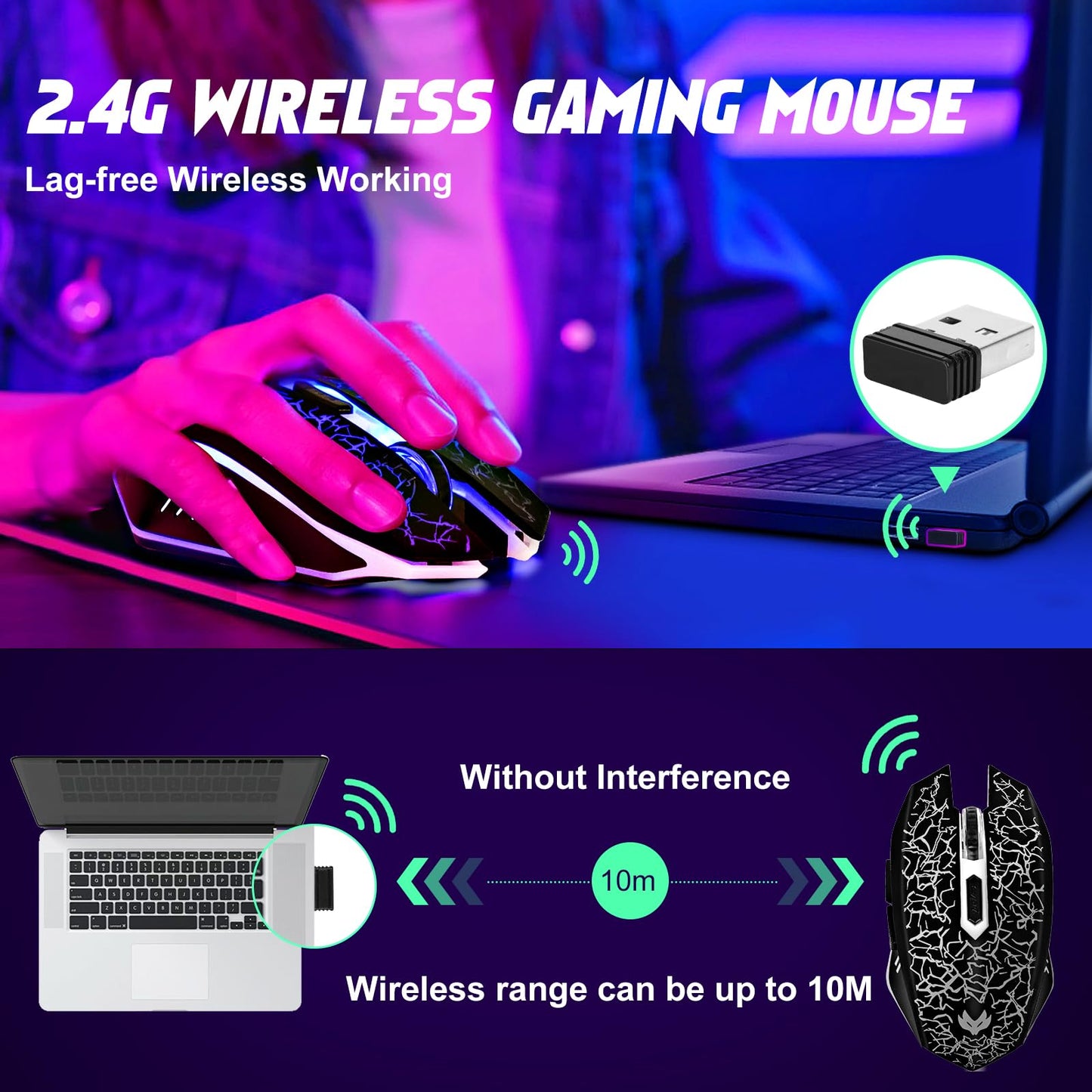 Wireless Gaming Mouse, Rechargeable Wireless Computer Mouse, 7-Color LED Light, Ergonomic Mouse with 6 Silent Click Buttons, 3 Adjustable 2400 DPI Wireless Mouse for Laptop,PC,Mac, Black