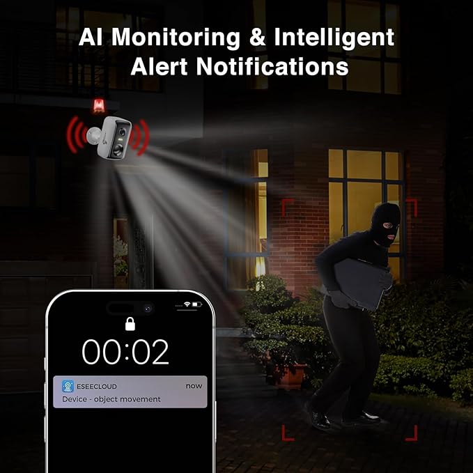Security Cameras Wireless Outdoor,WiFi Cameras for Home Security with AI Motion Detection Spotlight Siren,Battery Powered Cam,2K Color Night Vision,2-Way Talk,IP65 Waterproof,Works Alexa