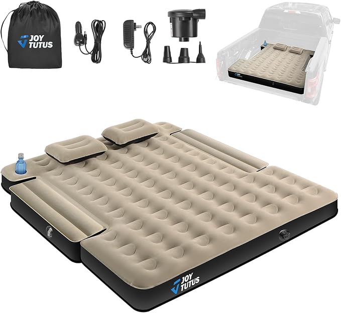 JOYTUTUS Truck Bed Mattress for 5.5-5.8Ft, Full Size Inflatable Mattress Pickup Short Beds for Outdoor Camping, with Carry Bag & Cup Holder & Cavity Design, Camel&Black