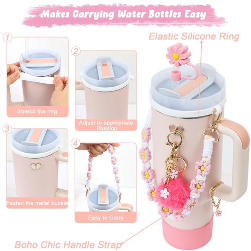 MASTRON Stanley Cup Accessories - Including 11PCS Silicone Straw Cover, Handle Strap, Silicone Boot, Spill Stopper, Leak Stopper, Flower Charms for 40/30oz Stanley Tumbler - Pink