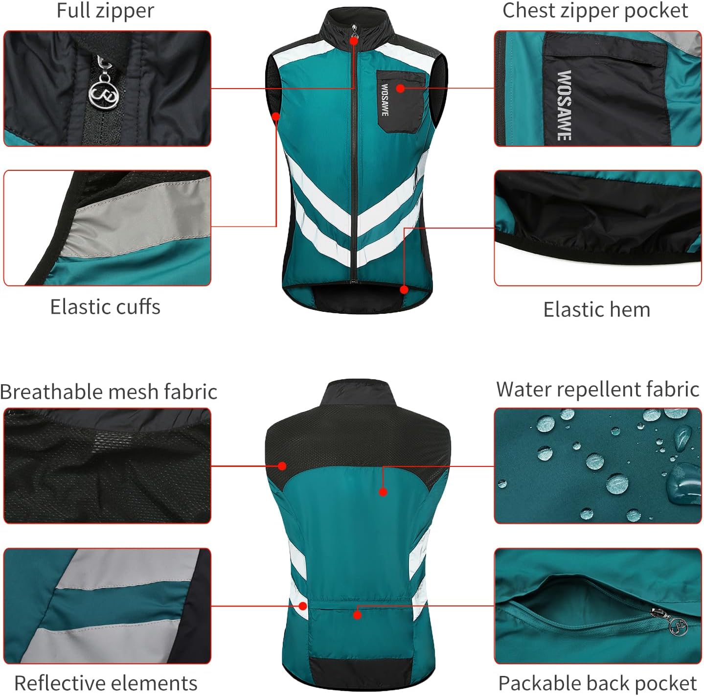 WOSAWE Men's High Visibility Cycling Wind Jacket Water Resistance Reflective Windbreaker