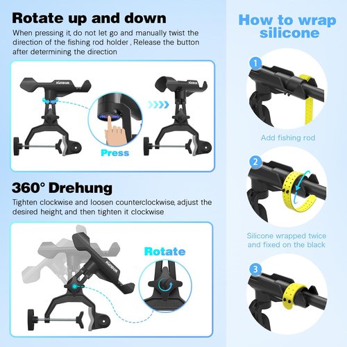 Upgraded Fishing Rod Holder with Button-Lock 360° Dual Rotation, Universal Silicone Strap & Enlarged V-Clamp – Fits Round/Square Tubes, Secure Adjustable Boat Fishing Gear for All Rod Sizes（2pack）