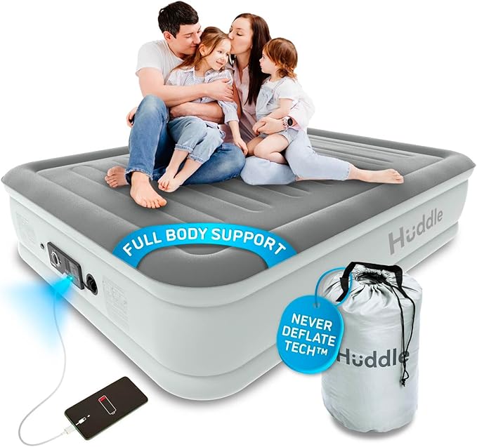 Huddle® Luxury Never Deflate Queen Air Bed with Patented Dual Pump SlumberGuard™ Premium Technology | Inflatable Mattress with Built-in Pump | Comfortable Inflatable Mattress