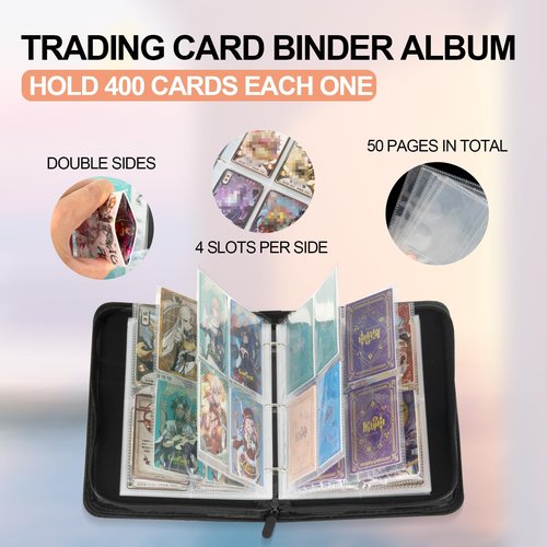 Collectible Trading Card Albums,4 Pocket Card Binder, 400 Double Sided Pocket PU Premium Zip Trading Collection Binder, Card Folder forTCG, Sports Cards (Black)