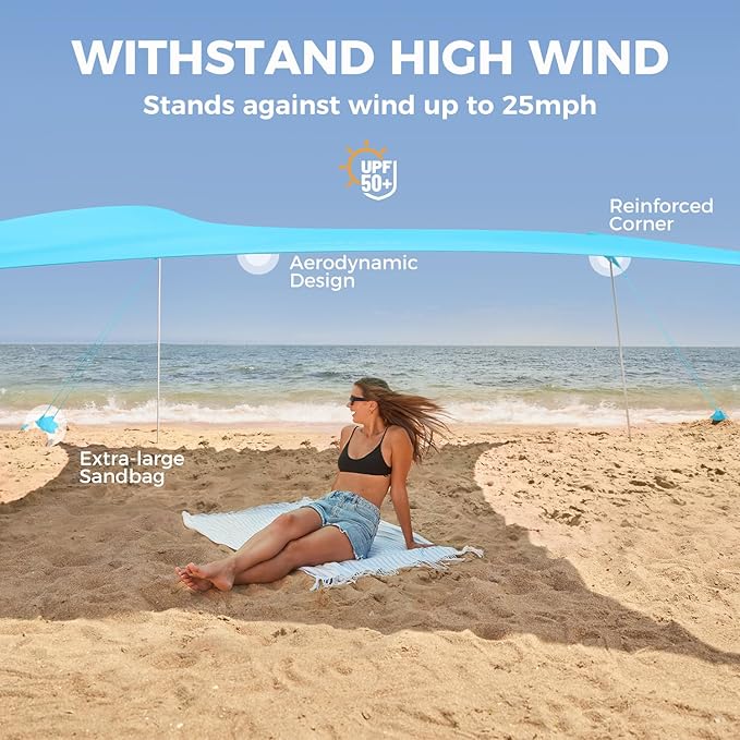 WEKAPO Beach Tent Sun Shelter - Easy Setup Beach Canopy with 4 Sturdy Poles, Large Sandbags and Shovel, 7'8'' Tall, Windproof Sun Shade for Backyard and Camping, UPF 50+ Protection