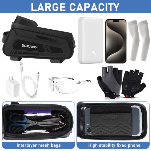 Burjosy Bike Phone Front Frame Bag, Waterproof Bike Phone Holder Bag with TPU Touch-Screen & Sun-Visor, Bike Bag Accessories Compatible Phone Under 7”