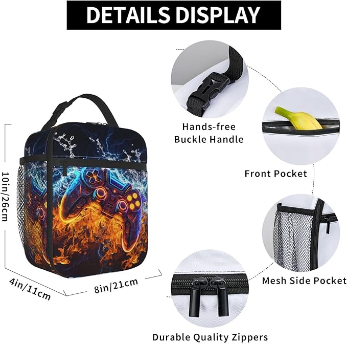Video Game Controller Insulated Lunch Bag, Gaming Gadgets Lunch Box for Kids, Portable Reusable Zipper Fire and Water Game Lunch Box for Men Women School Work Travel