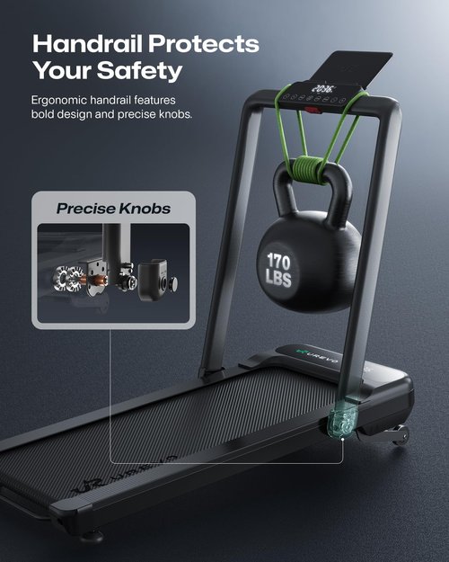 UREVO Smart Treadmill with 9% Incline, 3-in-1 Foldable Treadmill with Handle for Home/Office Fitness, Runner-Focused Design, 6 HIIT Programs & Auto Incline Follow Mode, 2 Display Screens, Plug & Play