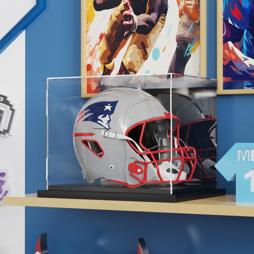 Xiomot Football Helmet Display Case Full Size with Mirror Back and Black Metal Grooved Base Stackable Dustproof Clear Acrylic Display Case for Basketball Sports Memorabilia
