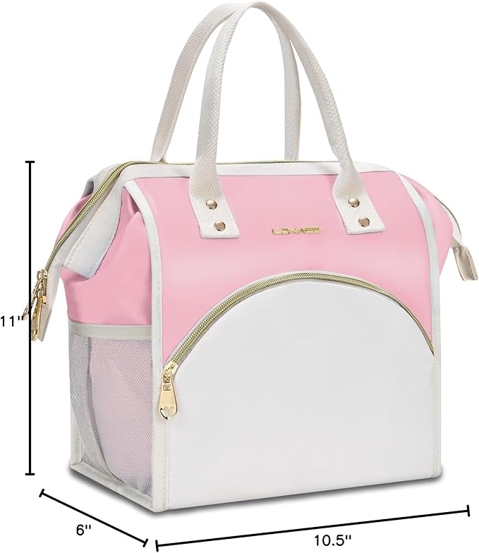 LOKASS Lunch Bag Women Insulated Lunch Box, Wide-Open Lunch Tote Bag Leak-proof Cooler Bag for Work Picnic-（Light Pink）