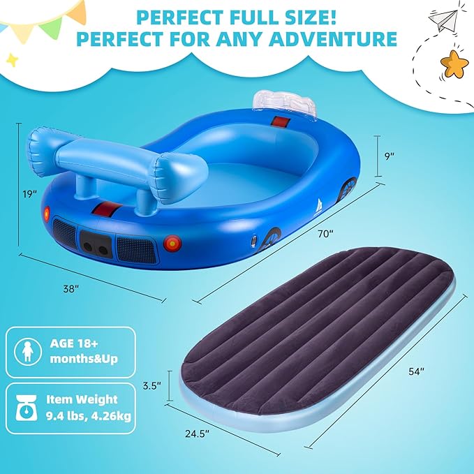 Inflatable Toddler Travel Bed with Avocado Hugging Pillow, Lightweight Portable Raised Sides Racecar Toddler Air Mattress, Kids Blow Up Mattress for Home, Hotel, Camping Use, 300 lbs Max