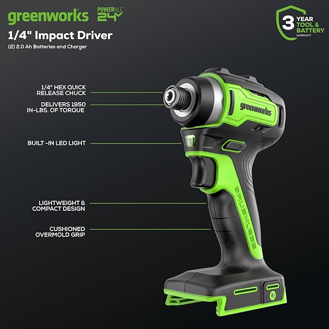 Greenworks 24V 3-pcs Combo Kit: 1950 in-lbs Impact Driver, 310 in./lbs Drill Driver, Multi-Tool, Includes 2 * 2.0Ah and Charger