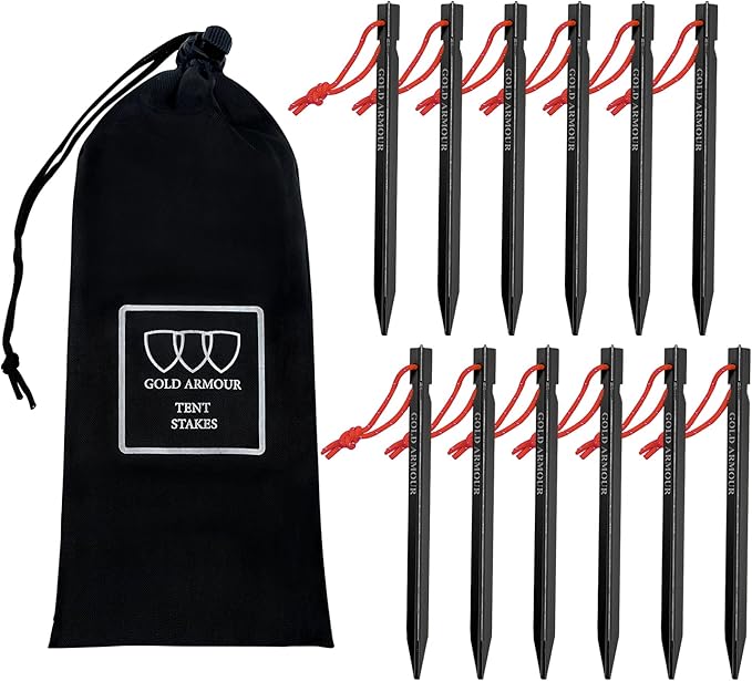 Gold Armour Tent Stakes - 12 Pack Heavy Duty, Lightweight, Camping Stakes Pegs for Outdoor Tent and Tarp, Essential Camping Gear Equipment Accessories (Black)
