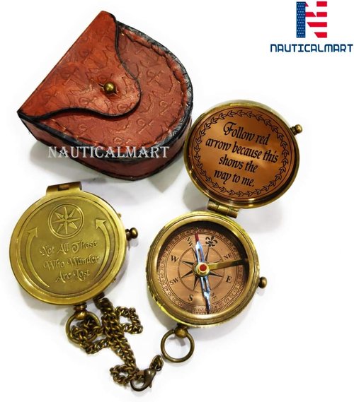 Engraved Brass Compass Gift Not All Those Who Wander are Lost Inspirational Travel Quote Compass with Leather Case for Loved Ones, Son, Father, Love, Partner, Spouse, Fiancé.