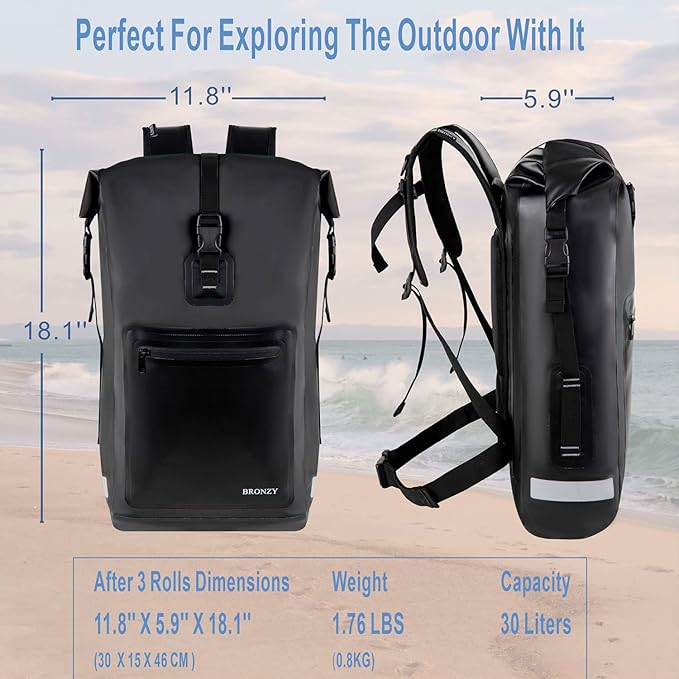 BRONZY Waterproof Backpack Dry Bag 30L Roll Top Closure with Front Zippered Pocket Heavy Duty Breathable Foam Padded Backing For Kayaking Camping Boating Hiking Beach (Black)